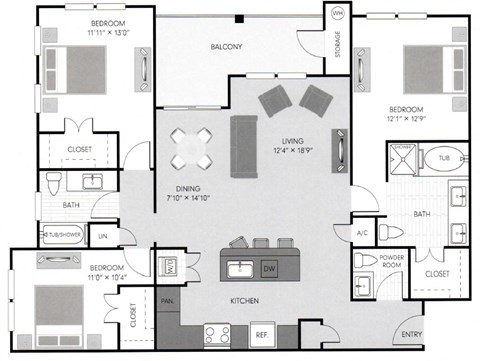 Floor plan for 3 beds, 2 baths, 1462 sqft